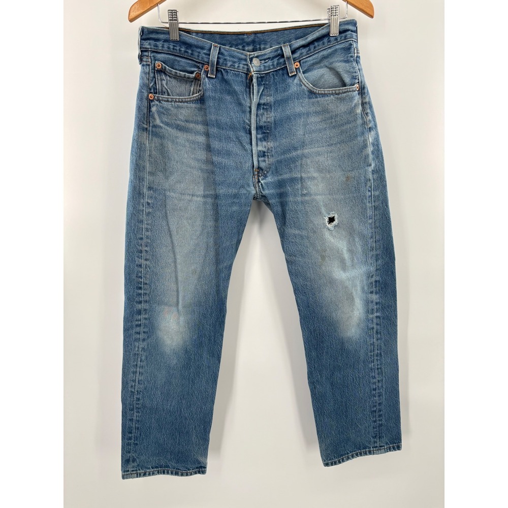Levis 501 Men's 34x30 Vintage Y2K Faded Light Distressed Wash Blue Denim Jeans
